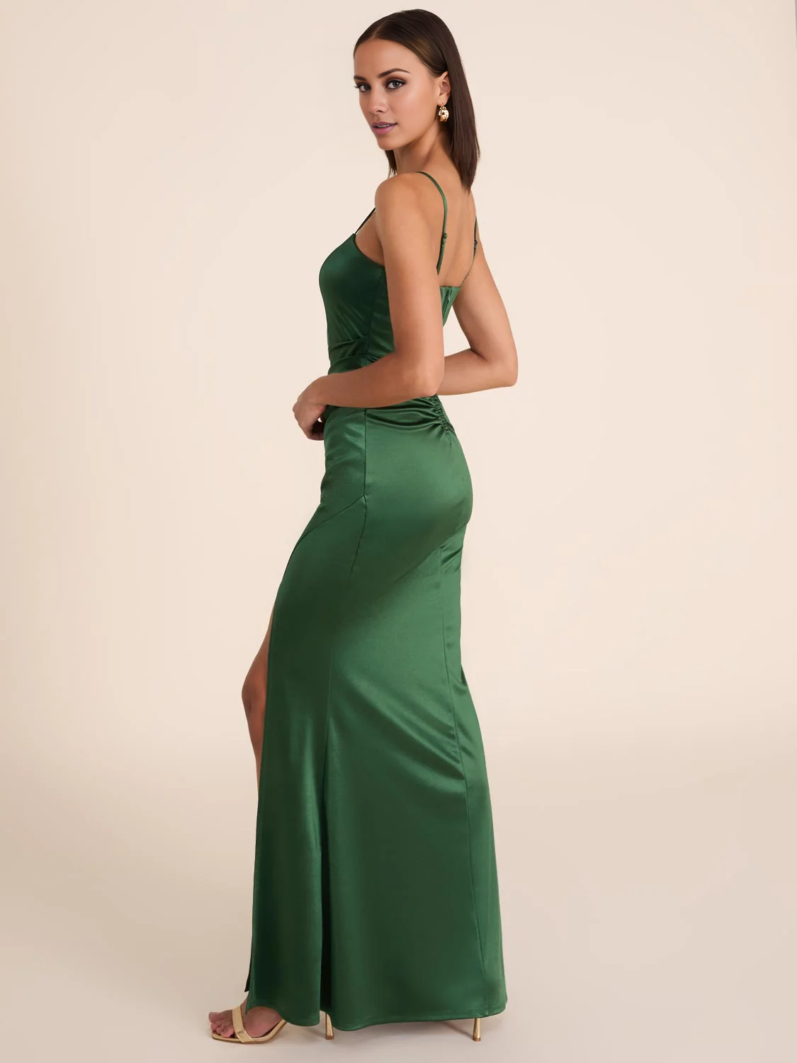 square neckline sleeveless thin shoulder strap satin side slit and floor length evening dress