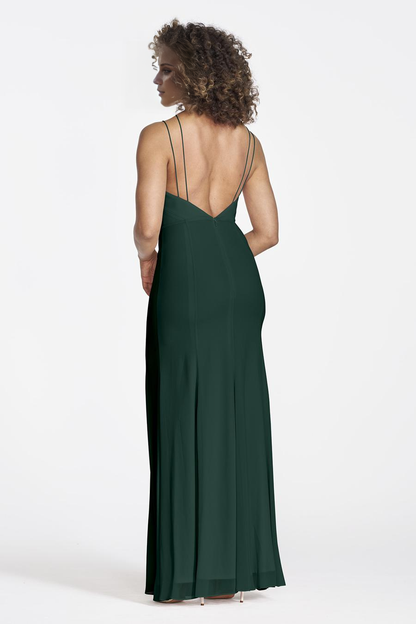 V-neck sleeveless thin shoulder strap backless side slit and floor length evening dress