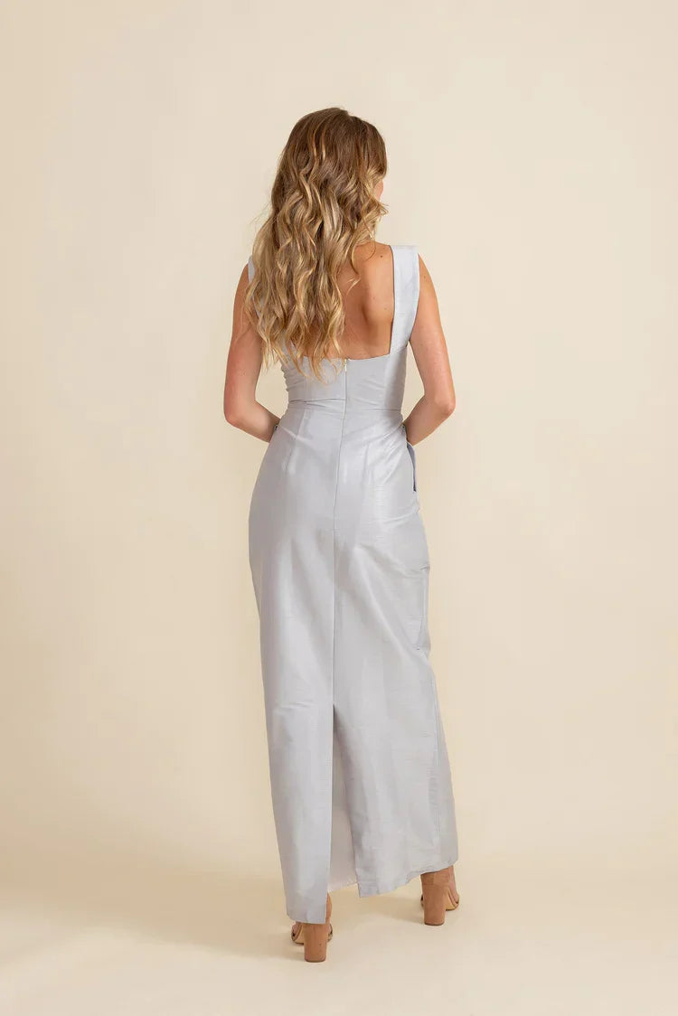 square neckline off shoulder sleeveless backless slit and floor length Prom dress