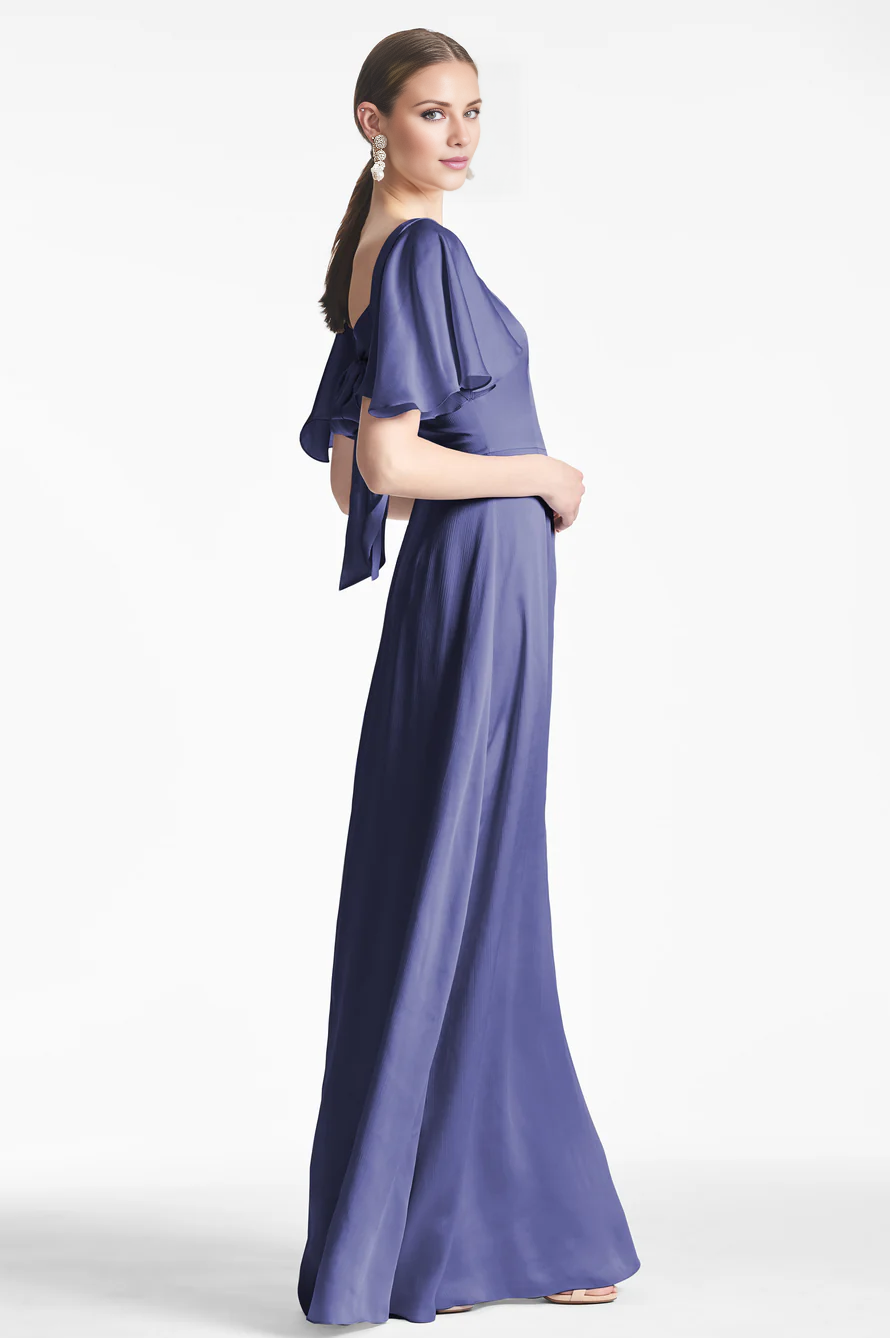 square neckline short sleeved back strap backless and floor length Prom dress