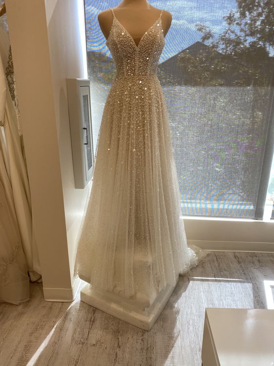 Shiny A line V Neck Prom Dress Formal Gown