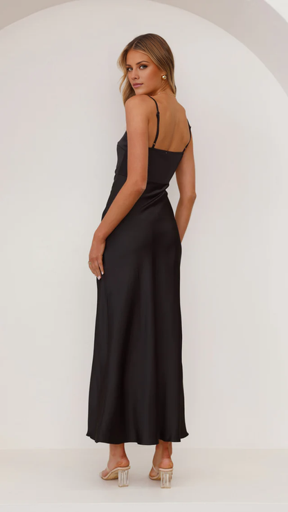 square neckline thin shoulder straps side slit and floor length Prom dress