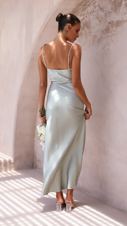 square neckline thin shoulder straps side slit long Prom dress