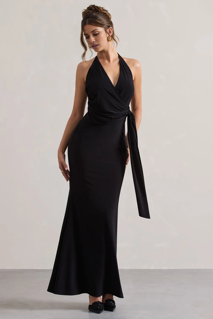 Hanging neck collar with pleats and a floor length evening dress - Dress
