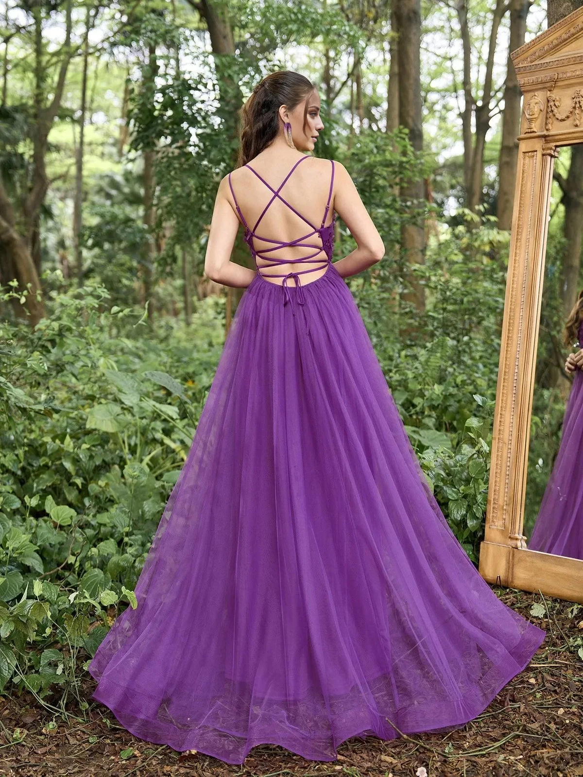 Backless floral decal details sheer thin shoulder straps and floor length formal dress