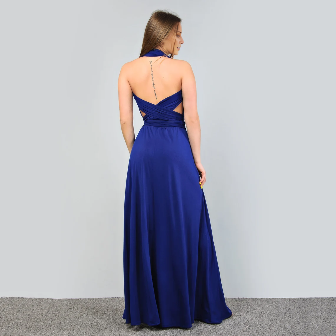 - Hanging neck collar pleated bra backless and floor length Prom dress