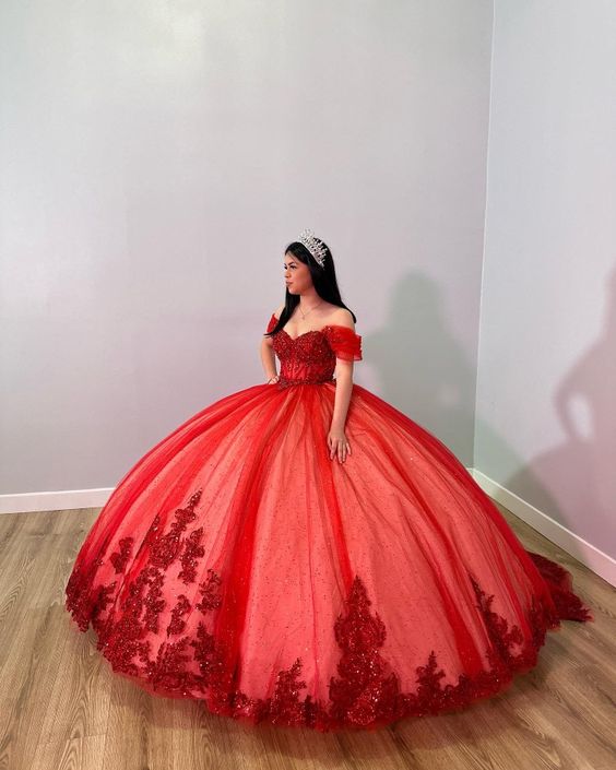 Red Off The Shoulder Ball Gown Red Sweet 16 Dress Princess Dress