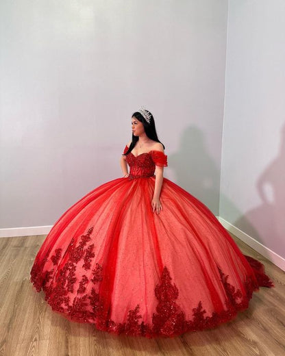 Red Off The Shoulder Ball Gown Red Sweet 16 Dress Princess Dress