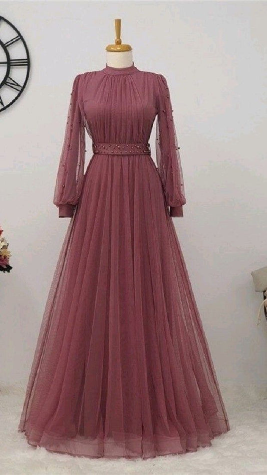 Long Sleeve Prom Dresses A Line Prom Dresses Tulle Evening Dresses Sexy Prom Dresses Evening Gowns With Pearls