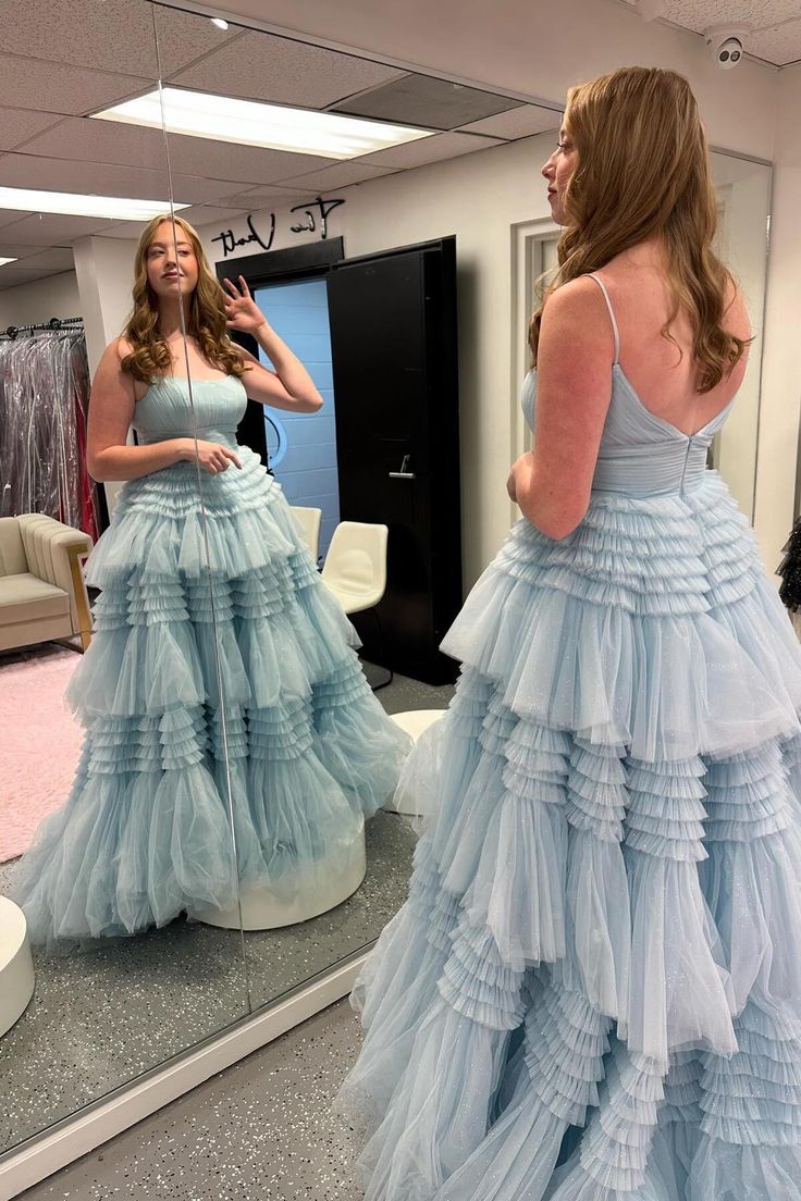 Straps Tulle Ruffles A line Formal Gown