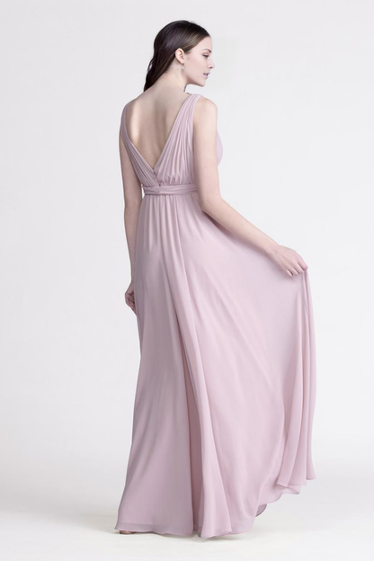 V-neck pleated detail with backless side slit and floor length even dress
