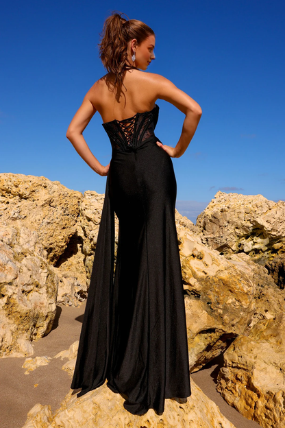 Tailored slit skirt long strapless tight corset dress