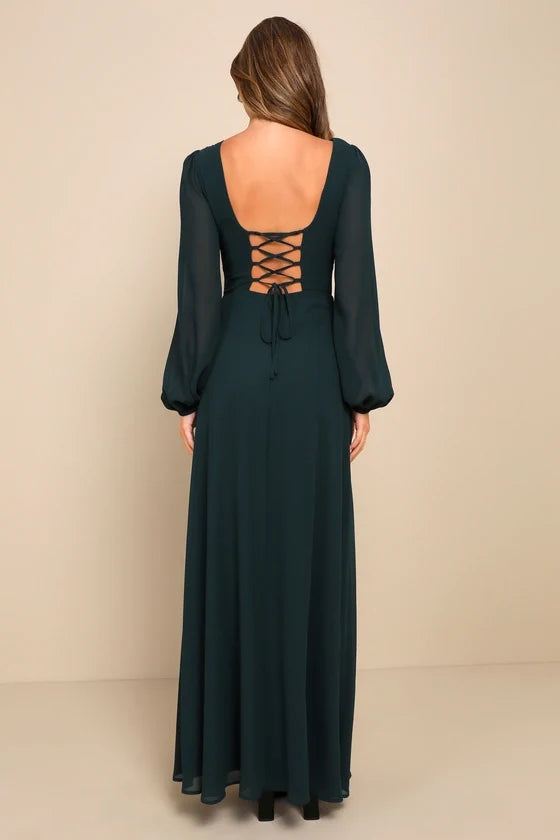 V-neck long sleeved backless side slit and floor length evening dress