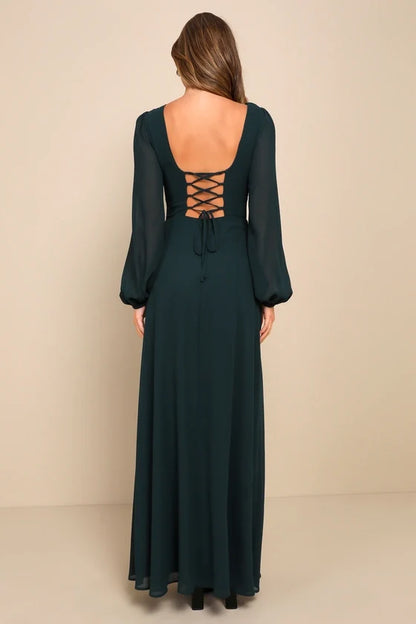 V-neck long sleeved backless side slit and floor length evening dress