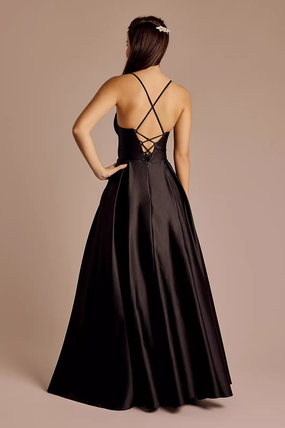 A-line scarf collar satin thin shoulder strap backless and floor length Prom dress