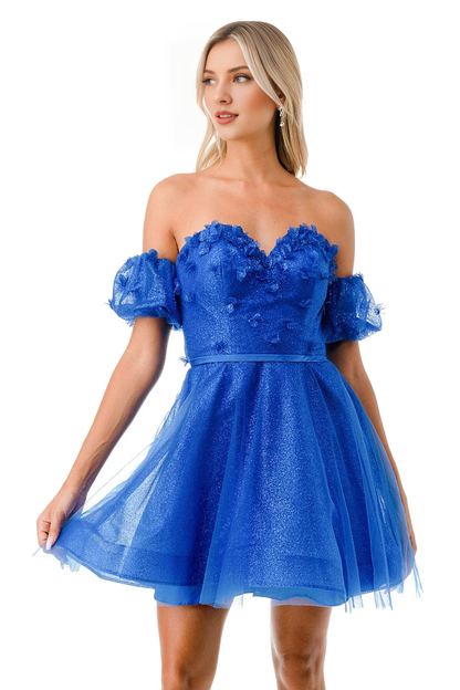 Off shoulder neck 3D floral decal sleeveless strapless short/mini homecoming dress