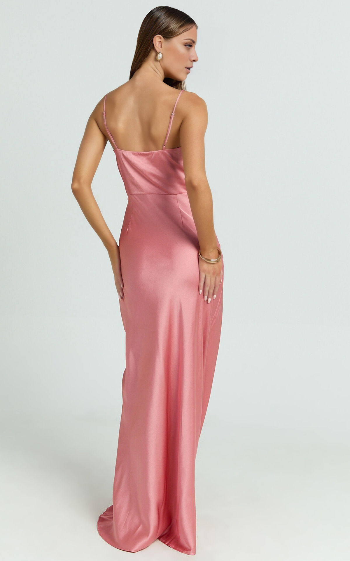 V-neck off shoulder sleeveless thin shoulder strap backless and floor length Prom dress