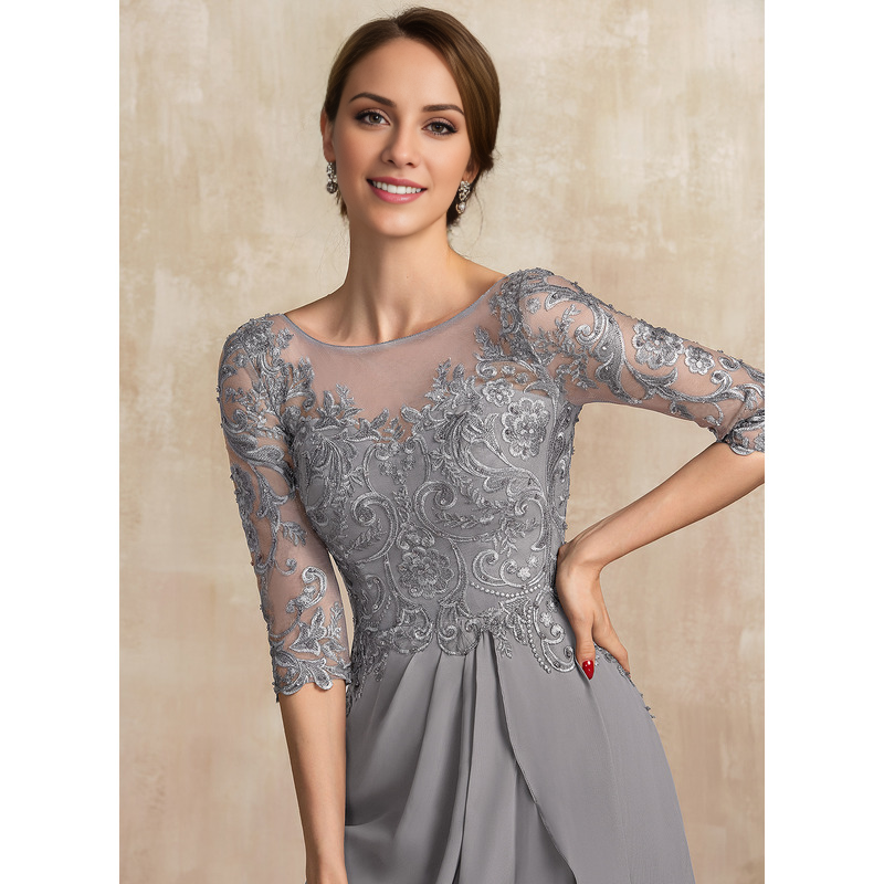 A-shaped Scoop Illusion floor mopping chiffon lace ribbon bead sequins layered ruffles mother of the bride dress