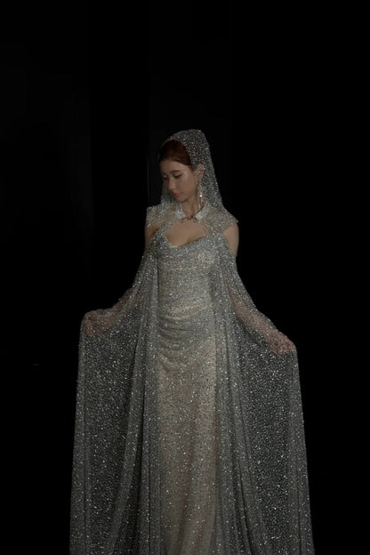 Sparkling and glamorous long evening gown with hood gh6828