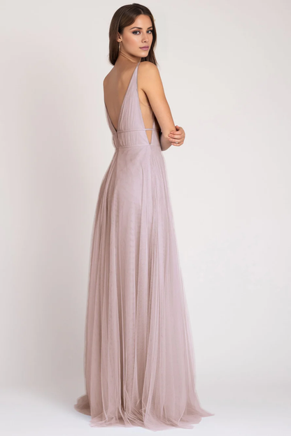deep V-neck sleeveless thin shoulder strap backless and floor length Prom dress