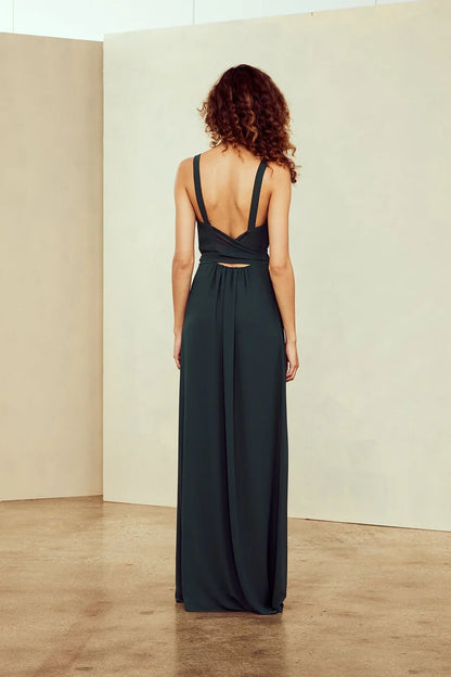 square neckline off shoulder sleeveless backless and floor length evening dress