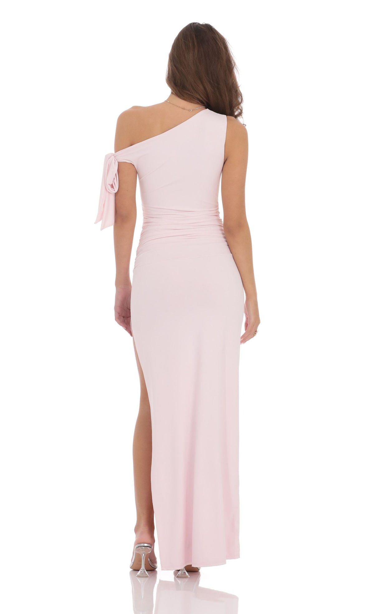 Asymmetric collar off shoulder sleeveless backless side slit and floor length Prom dress