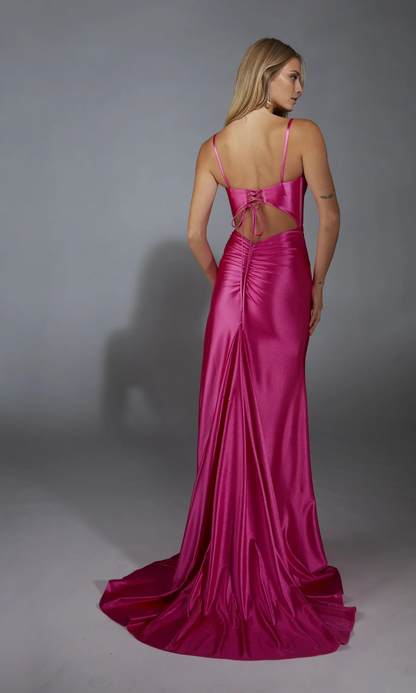 square neck thin shoulder strap with exposed back side slit and floor length evening dress