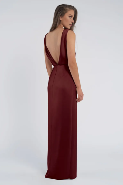 boat neckline off shoulder sleeveless backless side slit and floor length evening dress