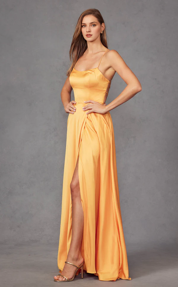 Thin shoulder strap satin backless slit and floor length Prom dress
