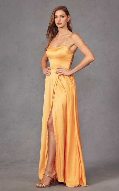 Thin shoulder strap satin backless slit and floor length Prom dress