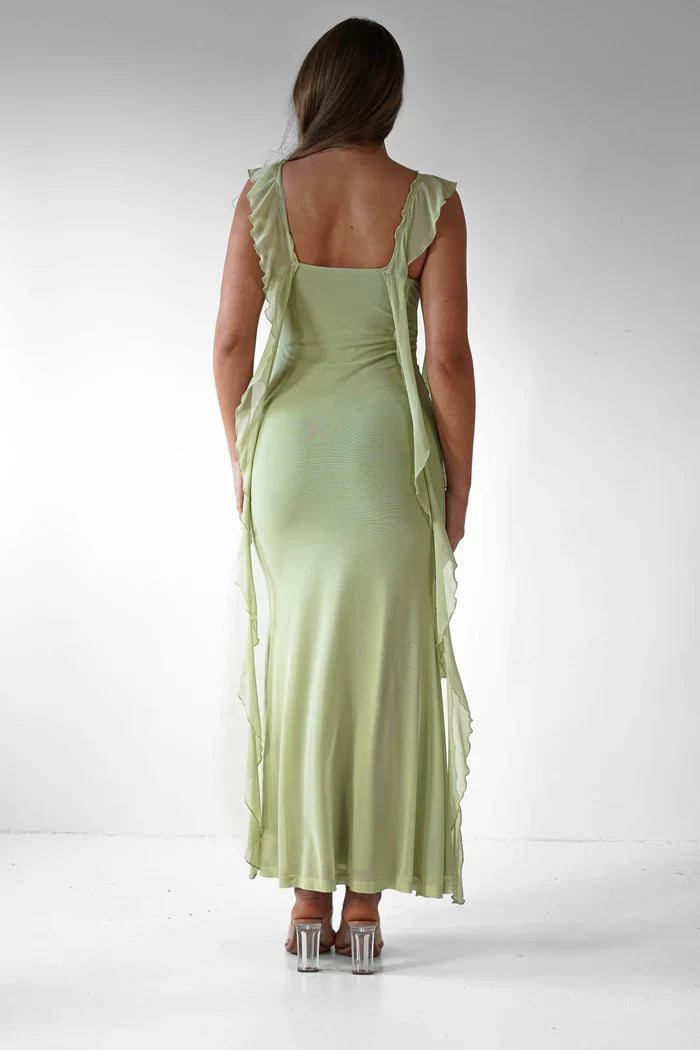 Square neck backless ruffle edge detail long Prom dress - Dress