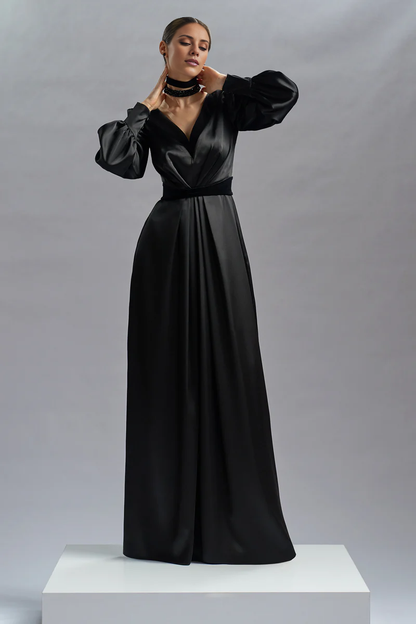 Deep V-neck satin long sleeved and floor length evening gown