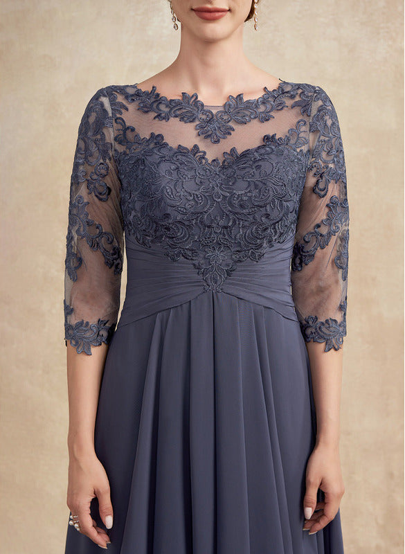 A-line hollow illusion asymmetrical lace chiffon belt with layered ruffles mother of the bride dress