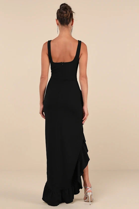 square neckline off shoulder sleeveless backless ruffle edge and floor length evening dress
