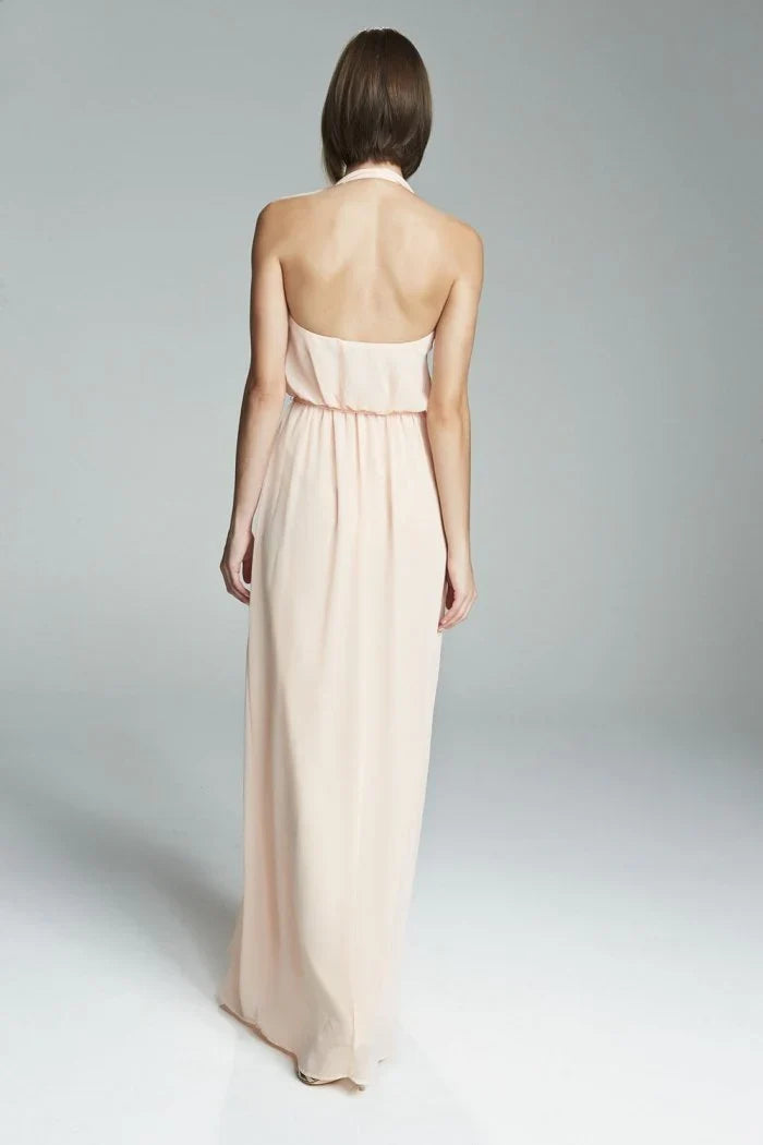 V-neck off shoulder sleeveless backless and floor length evening dress
