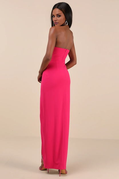 off shoulder collar sleeveless strapless backless side slit and floor length evening dress