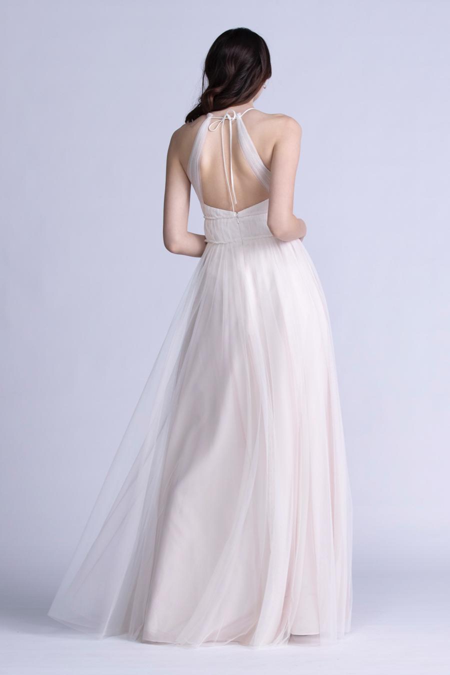 neck hanging collar sheer pleated backless and floor length evening dress