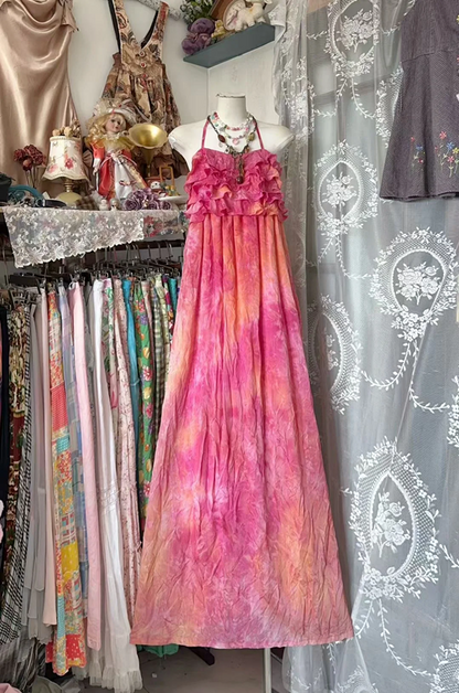 Pink halter neck straight cute long ball gown R7794
