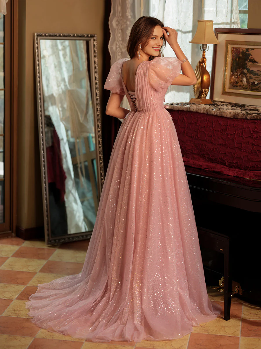 A-shaped princess V-neck slit long bow ball dress