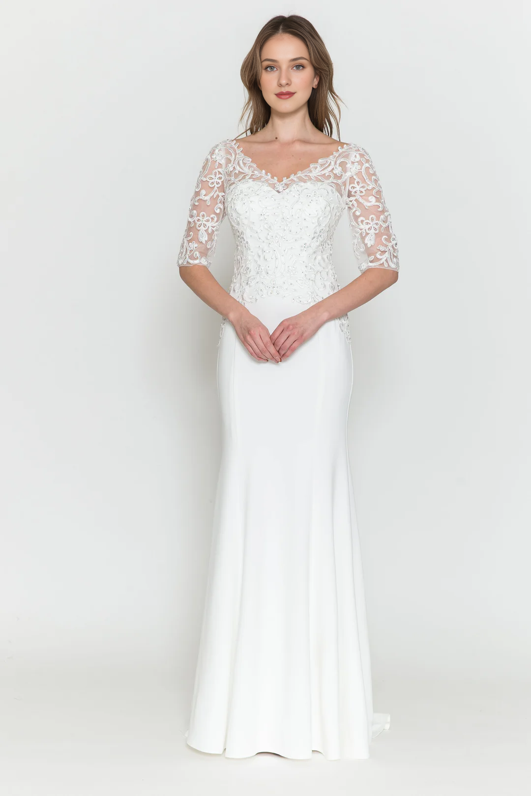 Transparent half sleeve long V-neck embroidered fitted dress