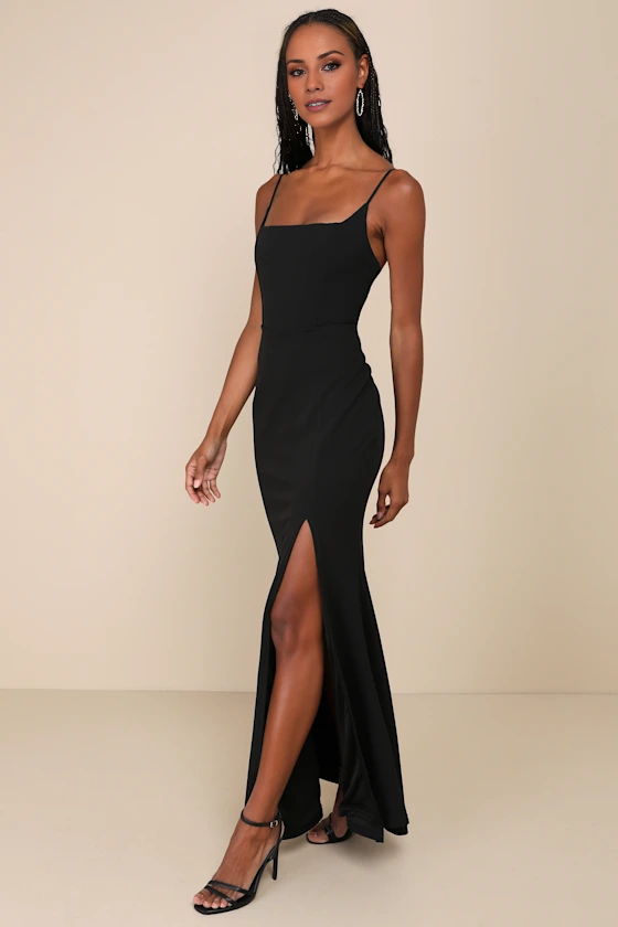 square neckline sleeveless thin shoulder strap backless side slit and floor length evening dress
