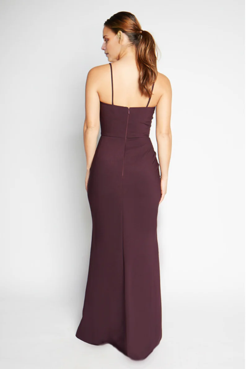 square neckline, off shoulder sleeveless thin shoulder strap backless side split and floor length evening dress