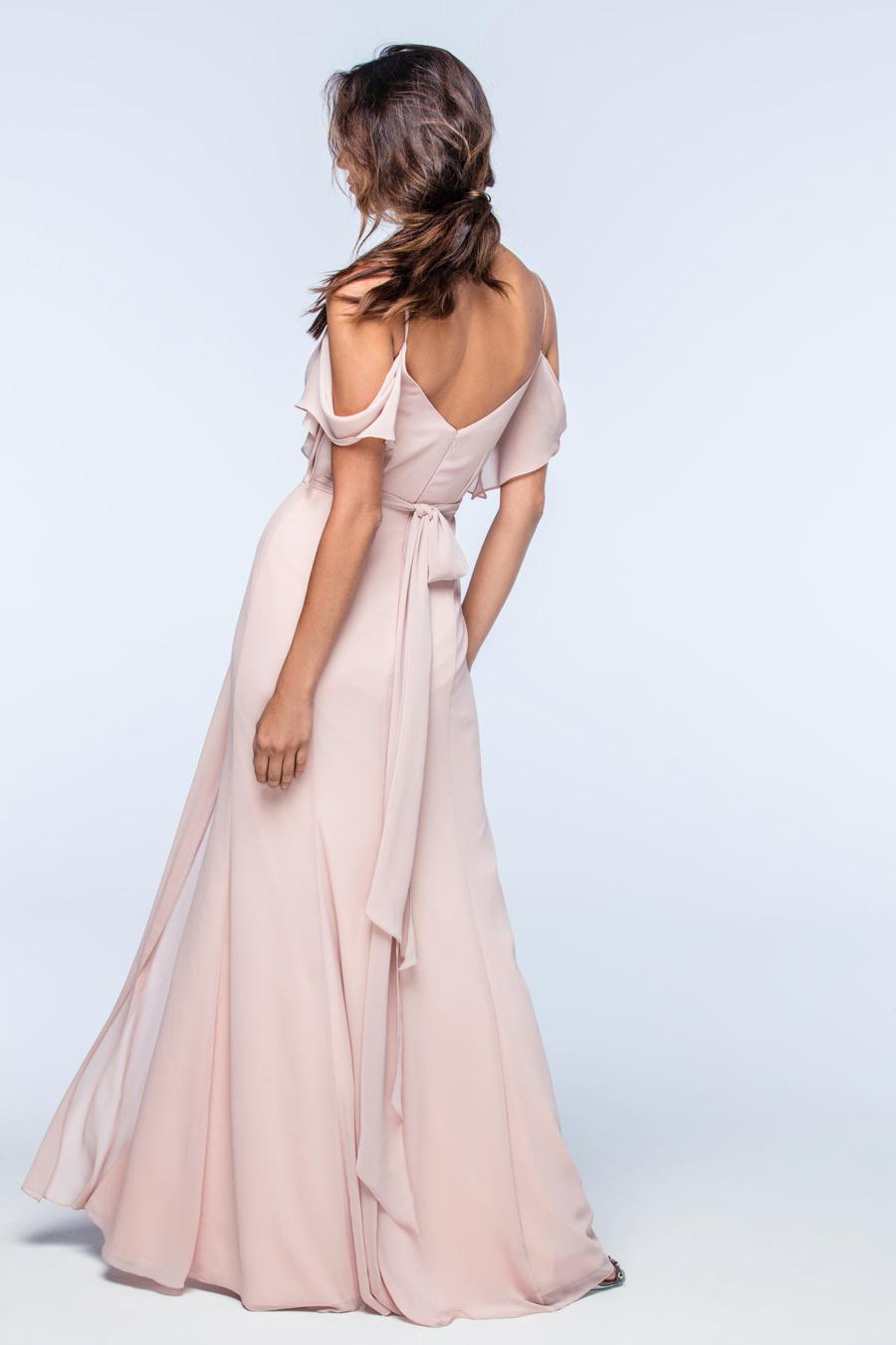V-neck sleeveless thin shoulder strap backless side slit and floor length evening dress