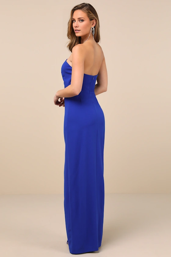 off shoulder collar sleeveless strapless backless side slit and floor length evening dress