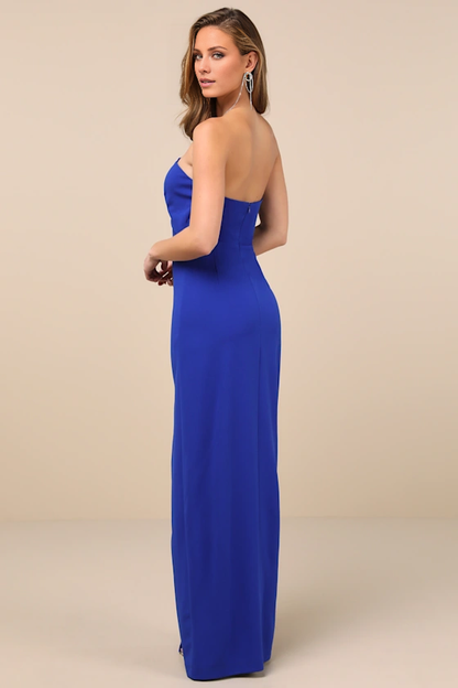 off shoulder collar sleeveless strapless backless side slit and floor length evening dress
