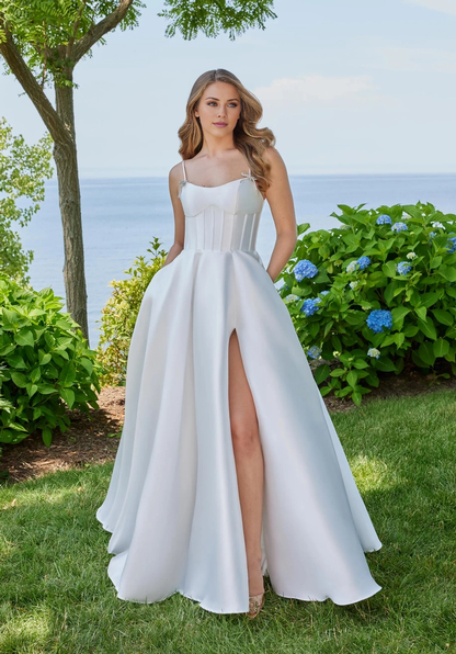 A-line spoon collar front slit and floor length evening gown