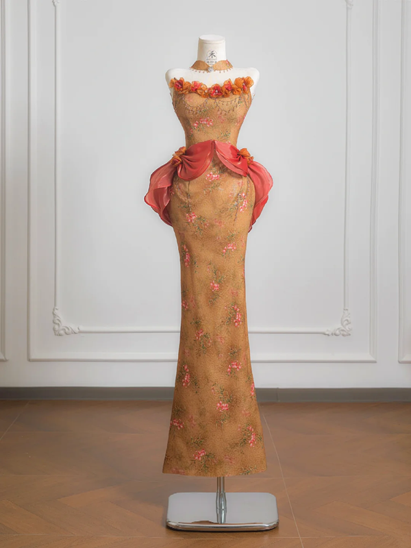 Orange strapless classic floral pattern fitted waist bodycon long ball gown R8227