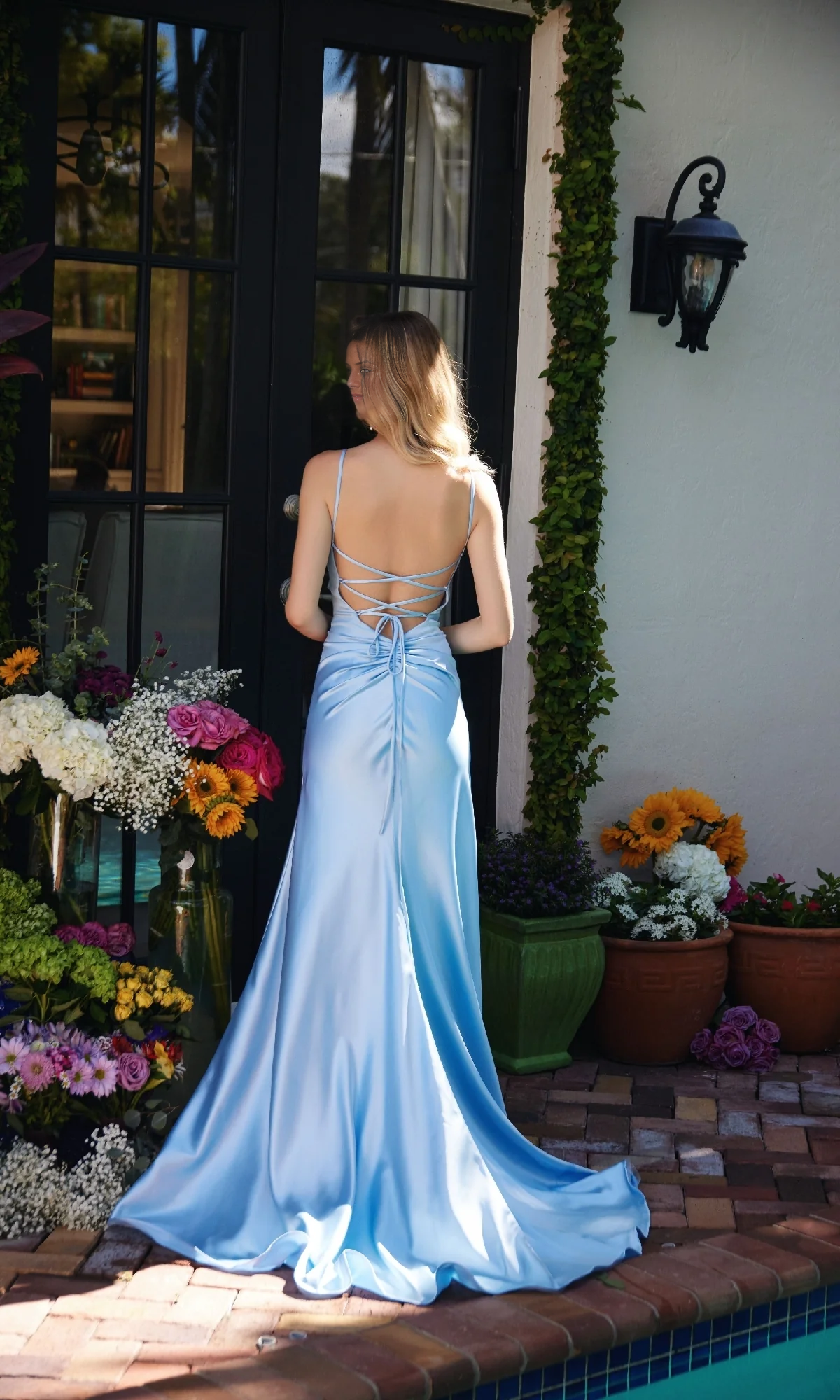 off shoulder pleated thin shoulder strap backless side slit and floor length evening dress