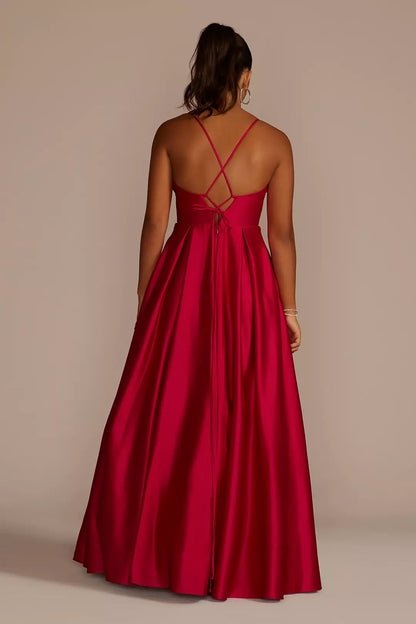 V collar backless sleeveless thin shoulder strap and floor length Prom dress