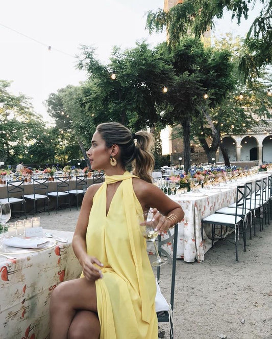 Backless Chiffon Yellow Long Prom Dresses Evening Gowns